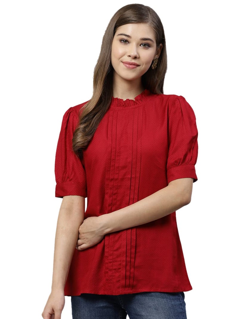 Yash Gallery Women's Rayon Short Puff Sleeve Tops (Maroon, XL) - Image 1